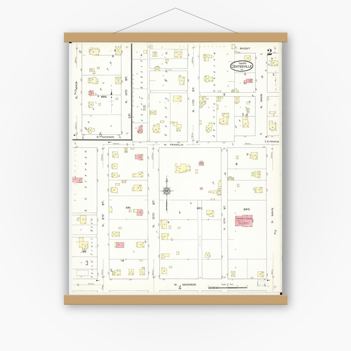 Old map wall art mockup — magnetic wood frame on white wall — Sanborn Fire Insurance Map from Centerville, Appanoose County, Iowa (1913), Sheet #0002