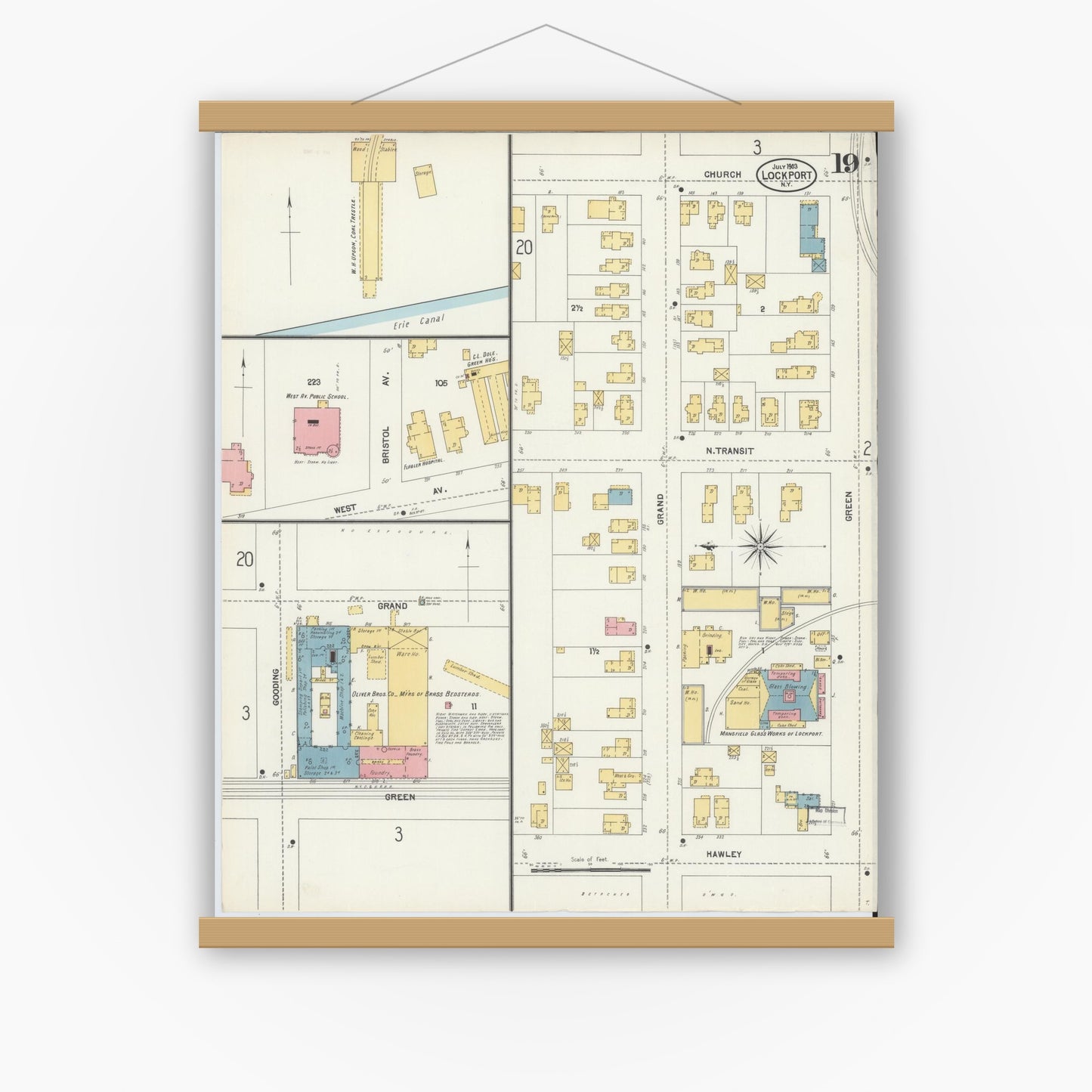 Old map wall art mockup — magnetic wood frame on white wall — Sanborn Fire Insurance Map from Lockport, Niagara County, New York (1903), Sheet #0019