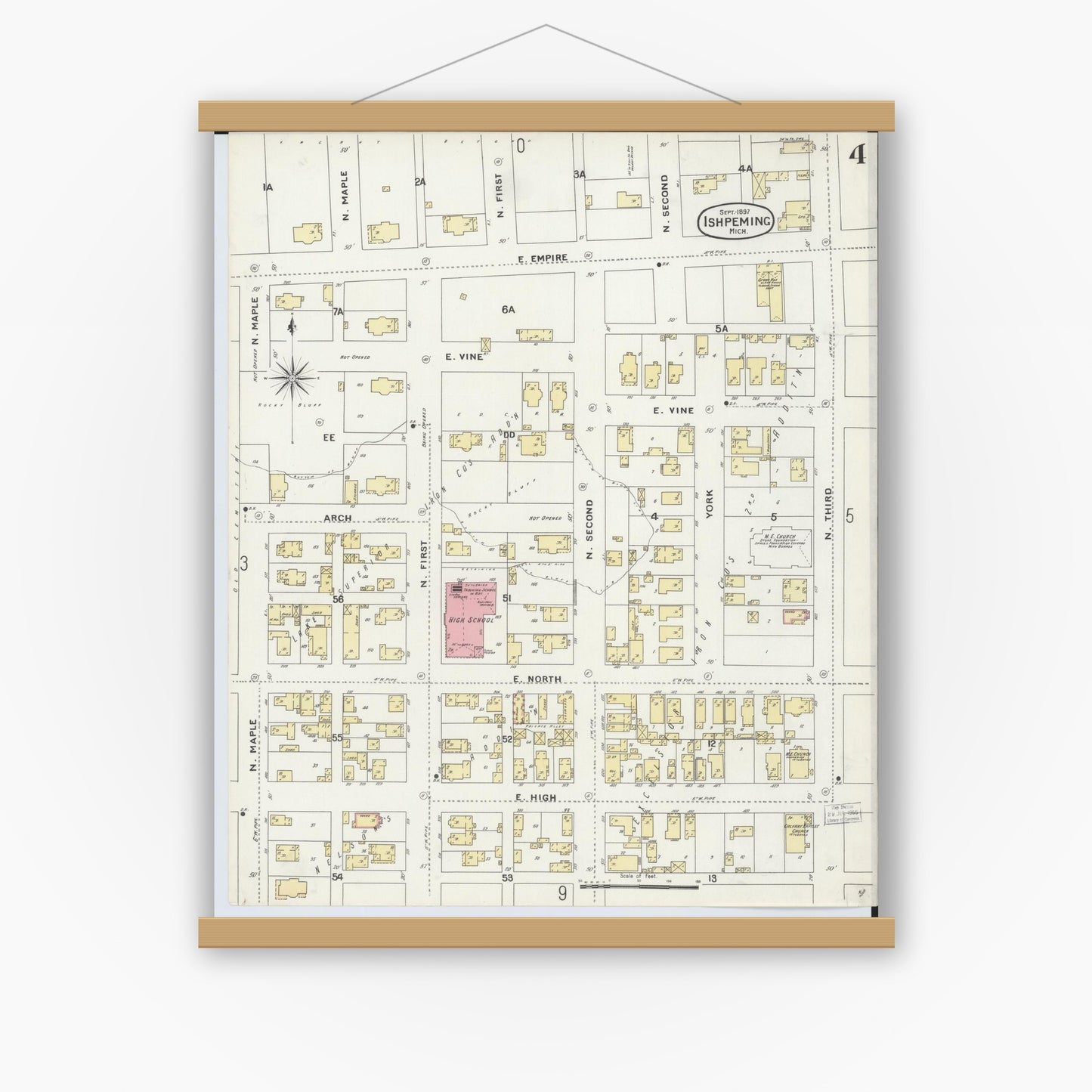Old map wall art mockup — magnetic wood frame on white wall — Sanborn Fire Insurance Map from Ishpeming, Marquette County, Michigan (1897), Sheet #0004