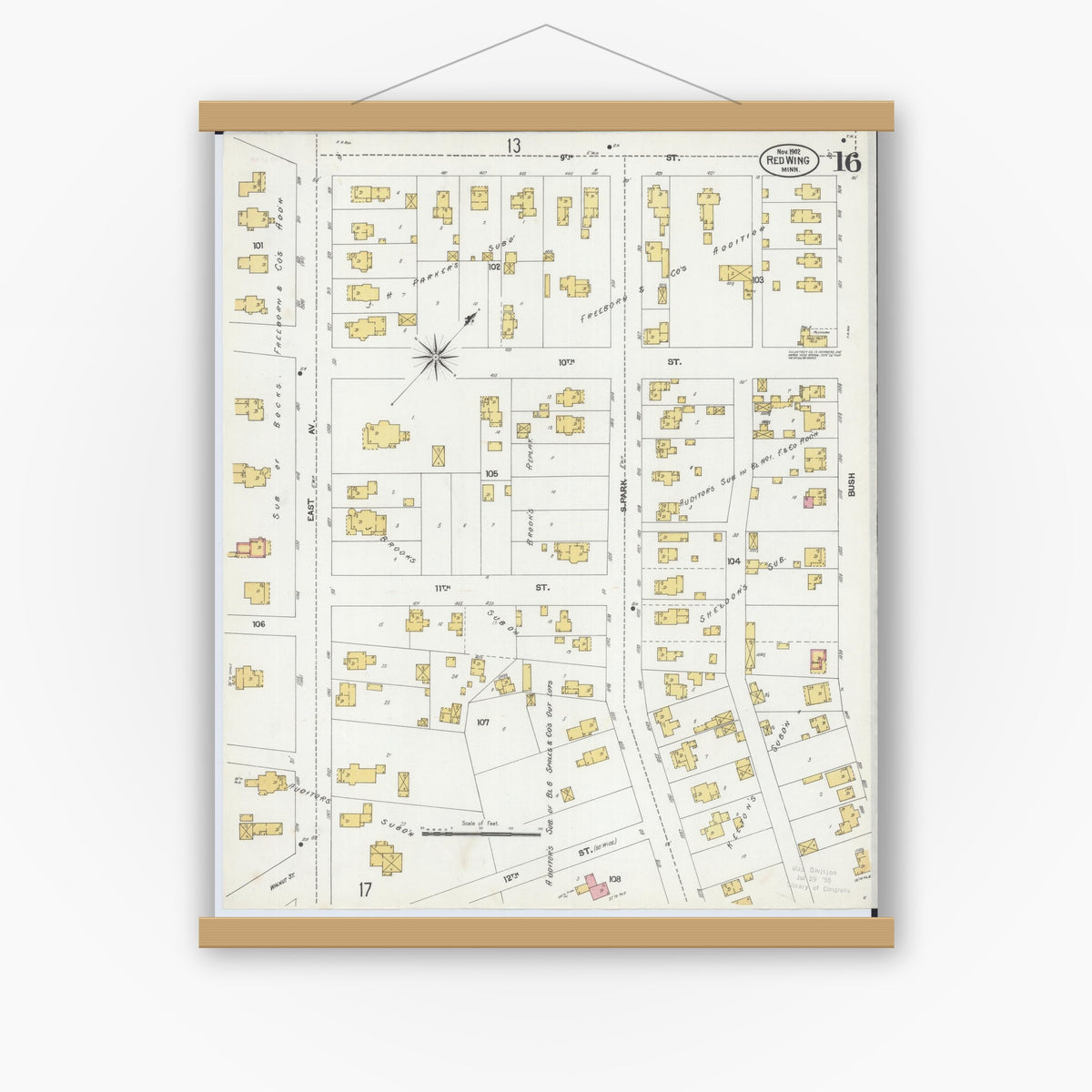 Old map wall art mockup — magnetic wood frame on white wall — Sanborn Fire Insurance Map from Red Wing, Goodhue County, Minnesota (1902), Sheet #0016