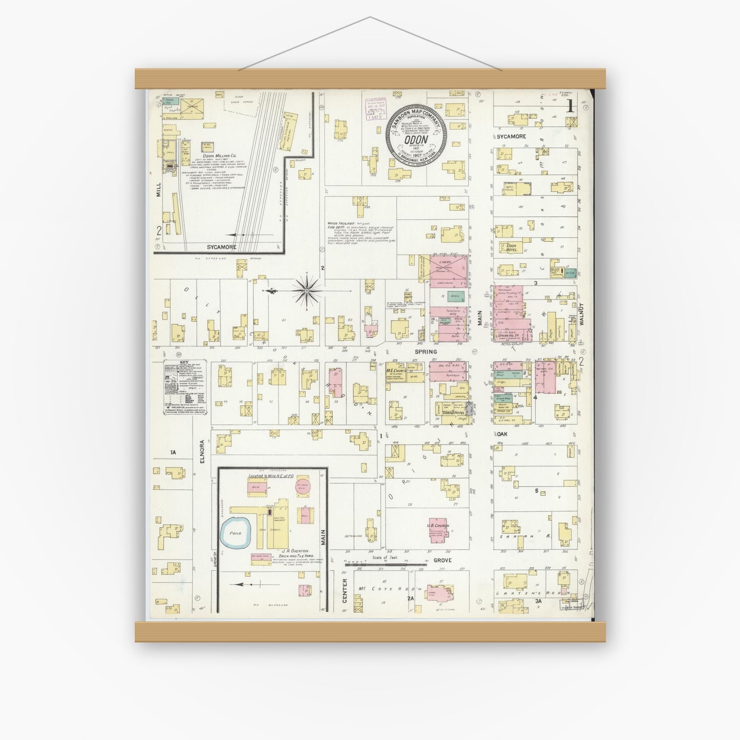 Old map wall art mockup — magnetic wood frame on white wall — Sanborn Fire Insurance Map from Odon, Daviess County, Indiana (1907) - Complete Map Set