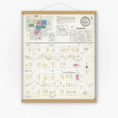 Old map wall art mockup — magnetic wood frame on white wall — Sanborn Fire Insurance Map from Rich Hill, Bates County, Missouri (1914) - Complete Map Set
