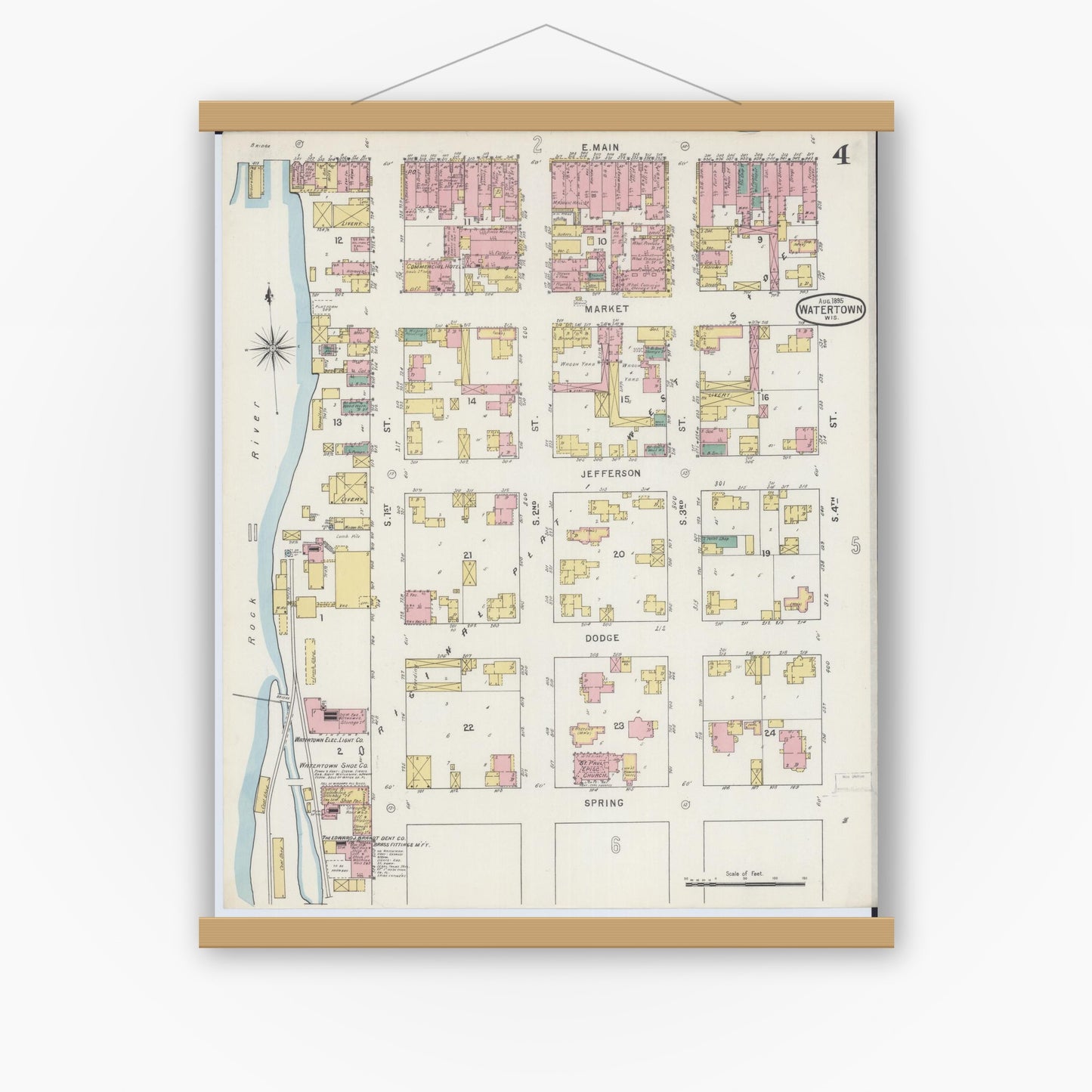 Old map wall art mockup — magnetic wood frame on white wall — Sanborn Fire Insurance Map from Watertown, Jefferson County, Wisconsin (1895), Sheet #0004