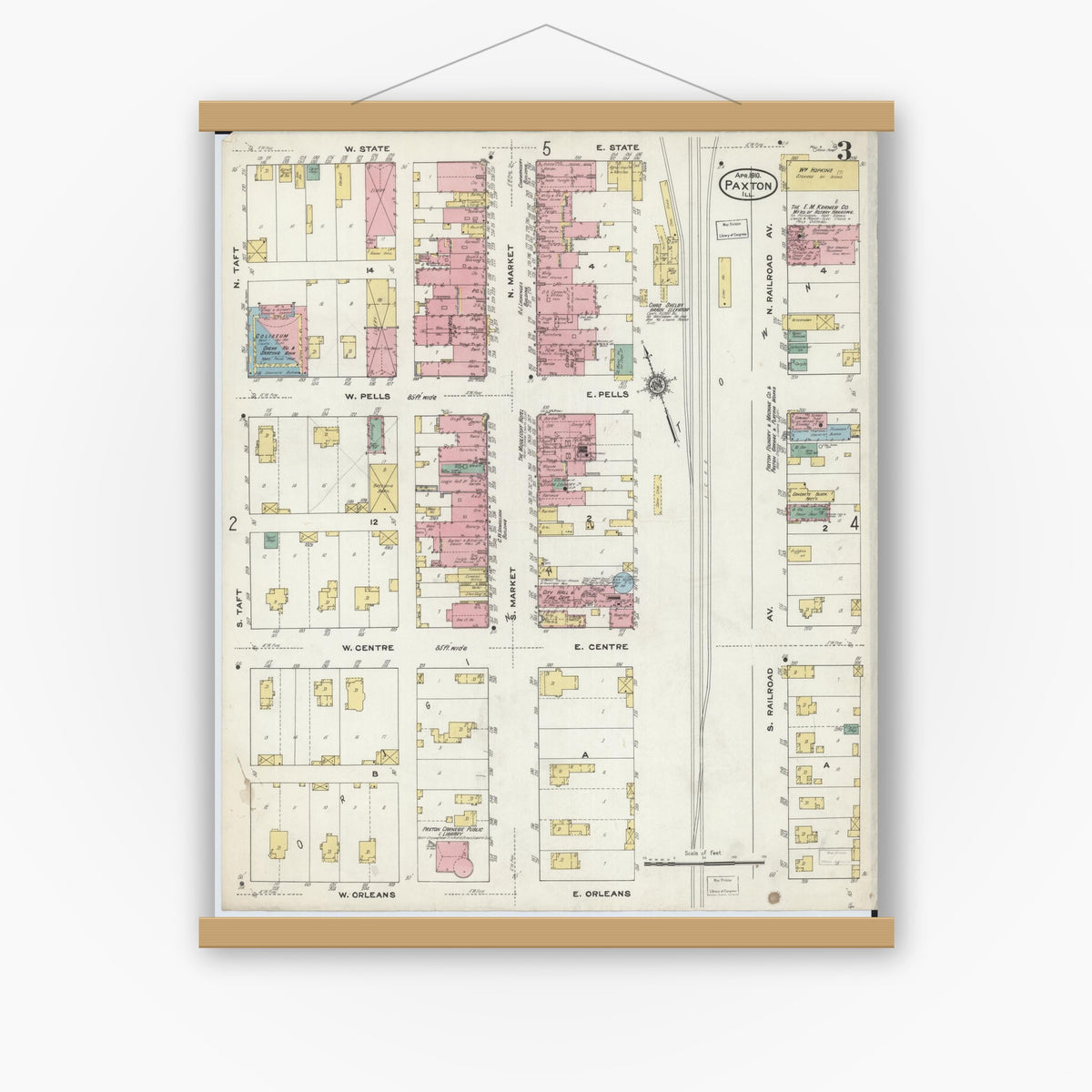 Old map wall art mockup — magnetic wood frame on white wall — Sanborn Fire Insurance Map from Paxton, Ford County, Illinois (1910), Sheet #0003