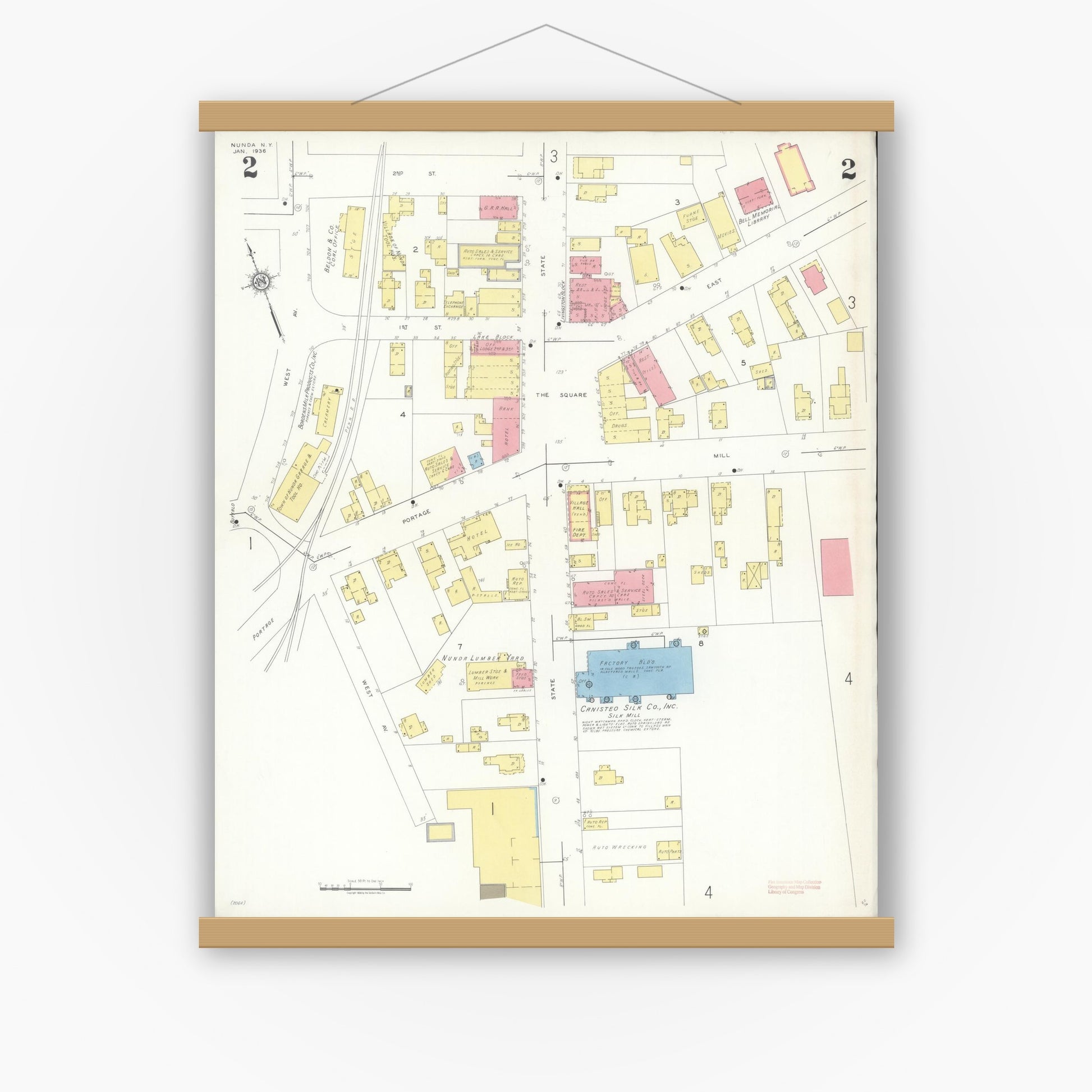 Old map wall art mockup — magnetic wood frame on white wall — Sanborn Fire Insurance Map from Nunda, Livingston County, New York (1936), Sheet #0002