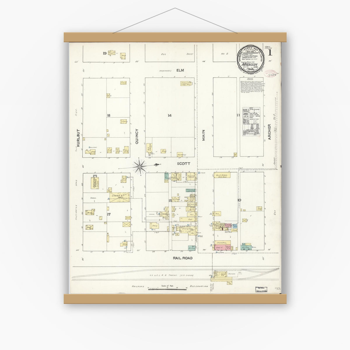 Old map wall art mockup — magnetic wood frame on white wall — Sanborn Fire Insurance Map from Madison, Yolo County, California (1891) - Complete Map Set