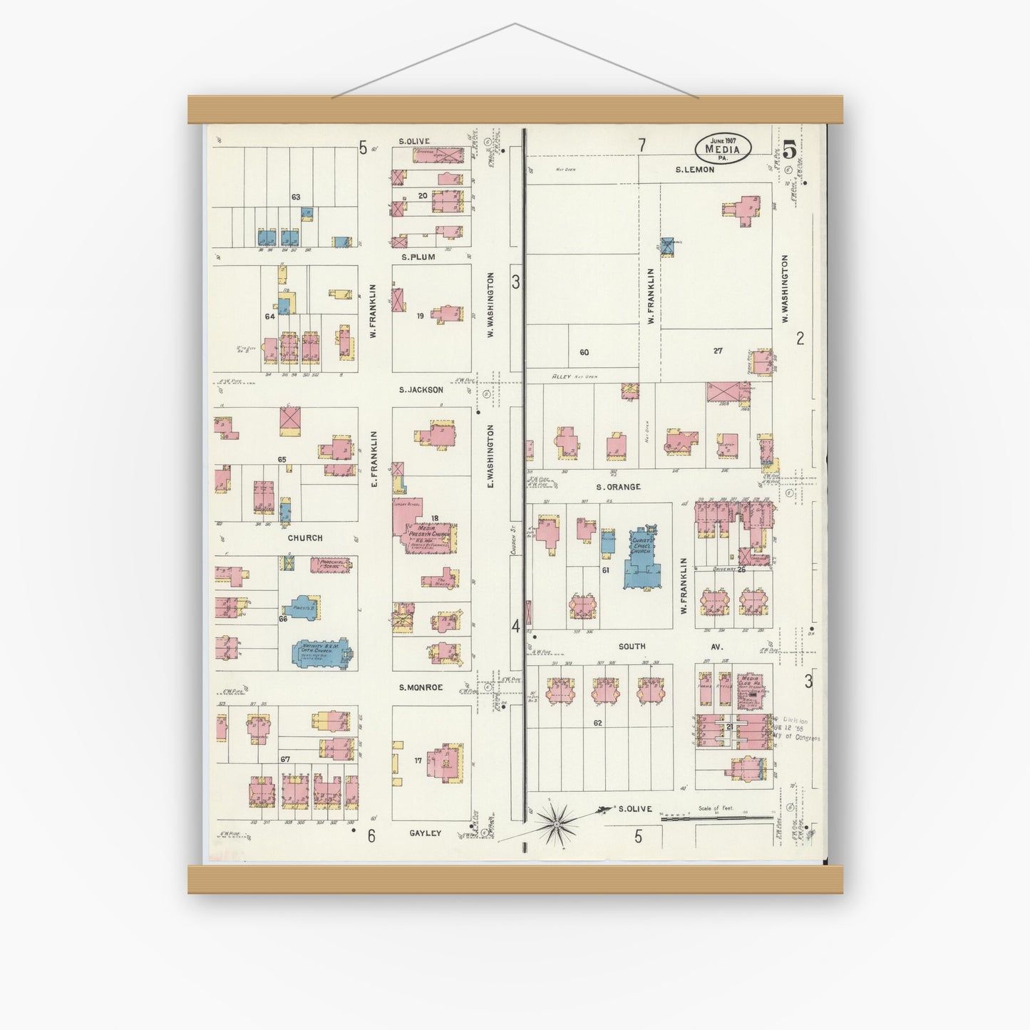 Old map wall art mockup — magnetic wood frame on white wall — Sanborn Fire Insurance Map from Media, Delaware County, Pennsylvania (1907), Sheet #0005