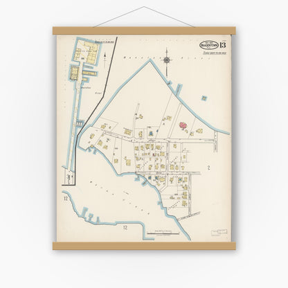 Old map wall art mockup — magnetic wood frame on white wall — Sanborn Fire Insurance Map from Bradentown, Manatee County, Florida (1922), Sheet #0013