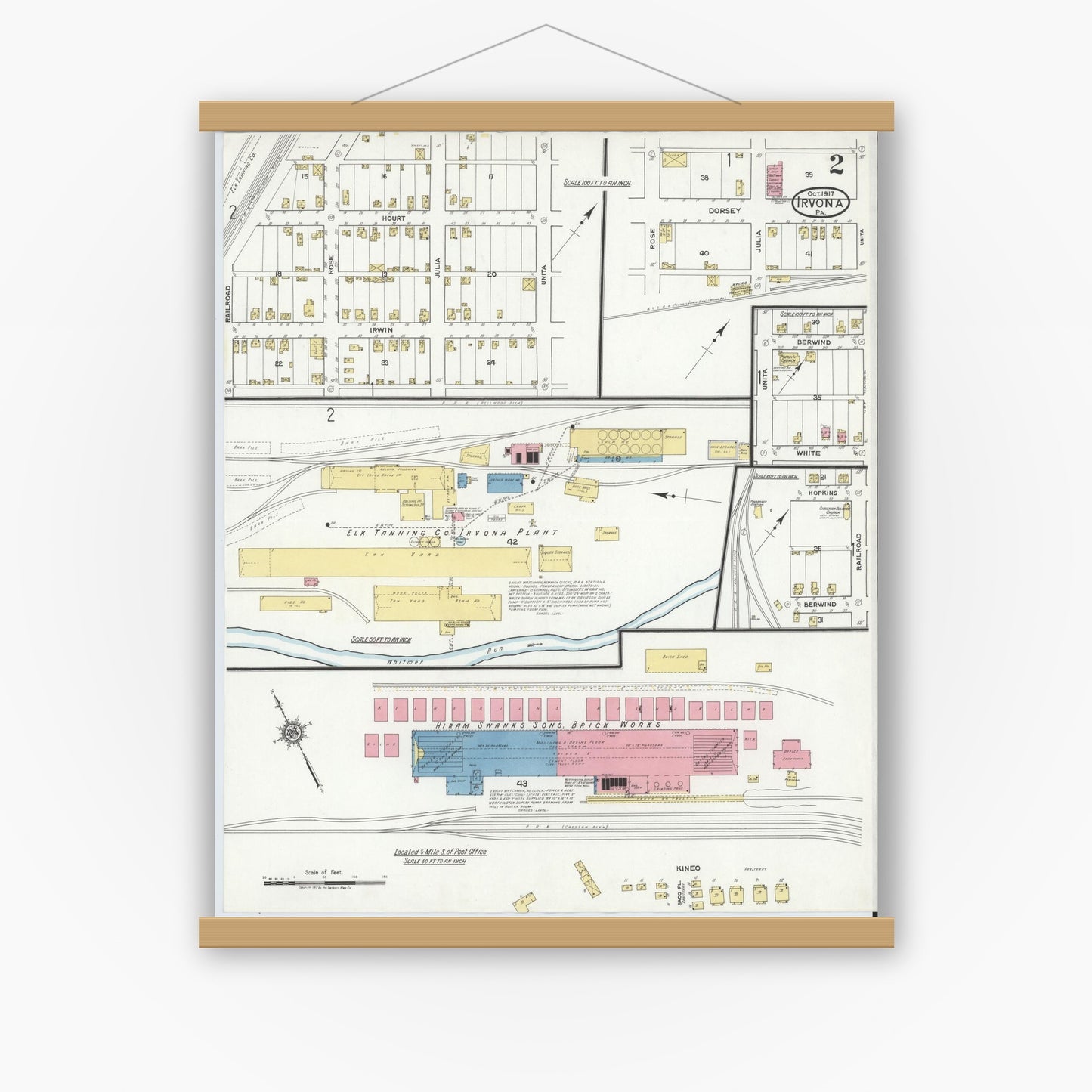 Old map wall art mockup — magnetic wood frame on white wall — Sanborn Fire Insurance Map from Irvona, Clearfield County, Pennsylvania (1917), Sheet #0002
