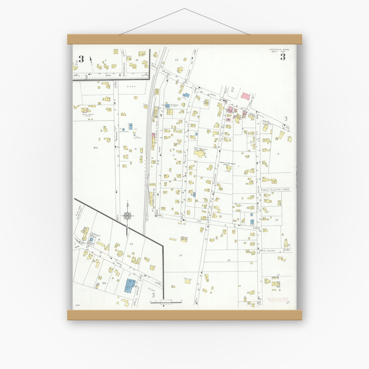 Old map wall art mockup — magnetic wood frame on white wall — Sanborn Fire Insurance Map from Medfield, Norfolk County, Massachusetts (1933), Sheet #0003