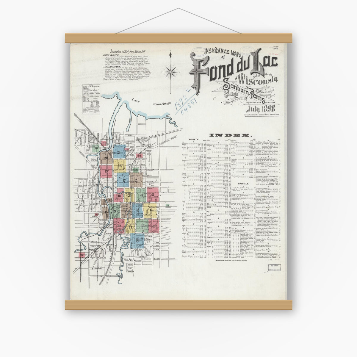 Old map wall art mockup — magnetic wood frame on white wall — Sanborn Fire Insurance Map from Fond du Lac, Fond du Lac County, Wisconsin (1898), Sheet #0001