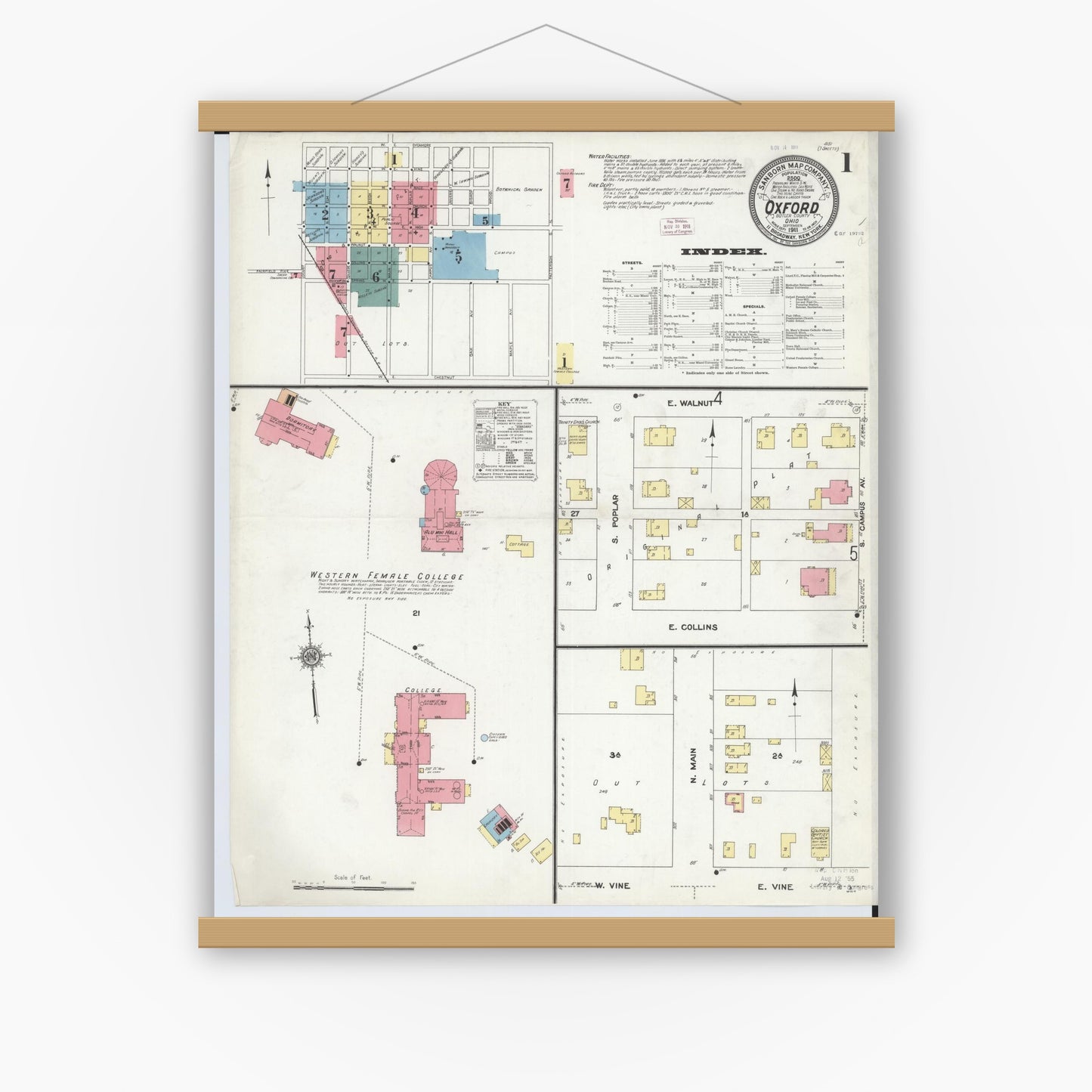 Old map wall art mockup — magnetic wood frame on white wall — Sanborn Fire Insurance Map from Oxford, Butler County, Ohio (1911), Sheet #0001