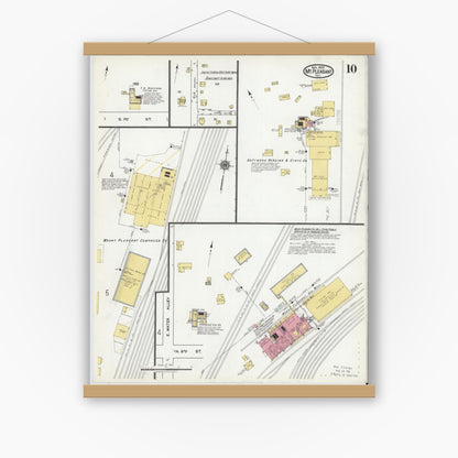 Old map wall art mockup — magnetic wood frame on white wall — Sanborn Fire Insurance Map from Mount Pleasant, Titus County, Texas (1920), Sheet #0010