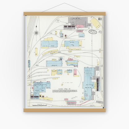 Old map wall art mockup — magnetic wood frame on white wall — Sanborn Fire Insurance Map from Joliet, Will County, Illinois (1891), Sheet #0021
