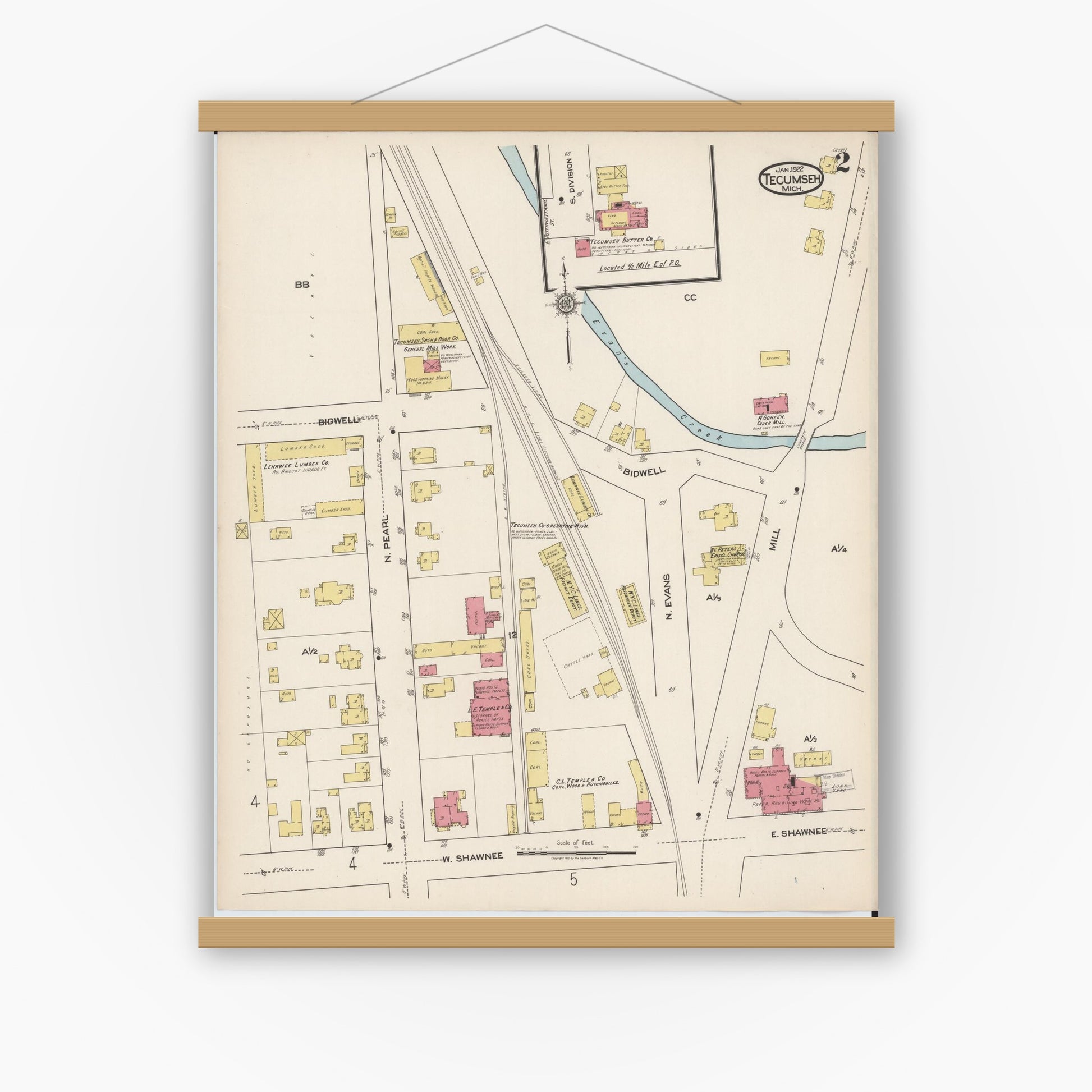 Old map wall art mockup — magnetic wood frame on white wall — Sanborn Fire Insurance Map from Tecumseh, Lenawee County, Michigan (1922), Sheet #0002