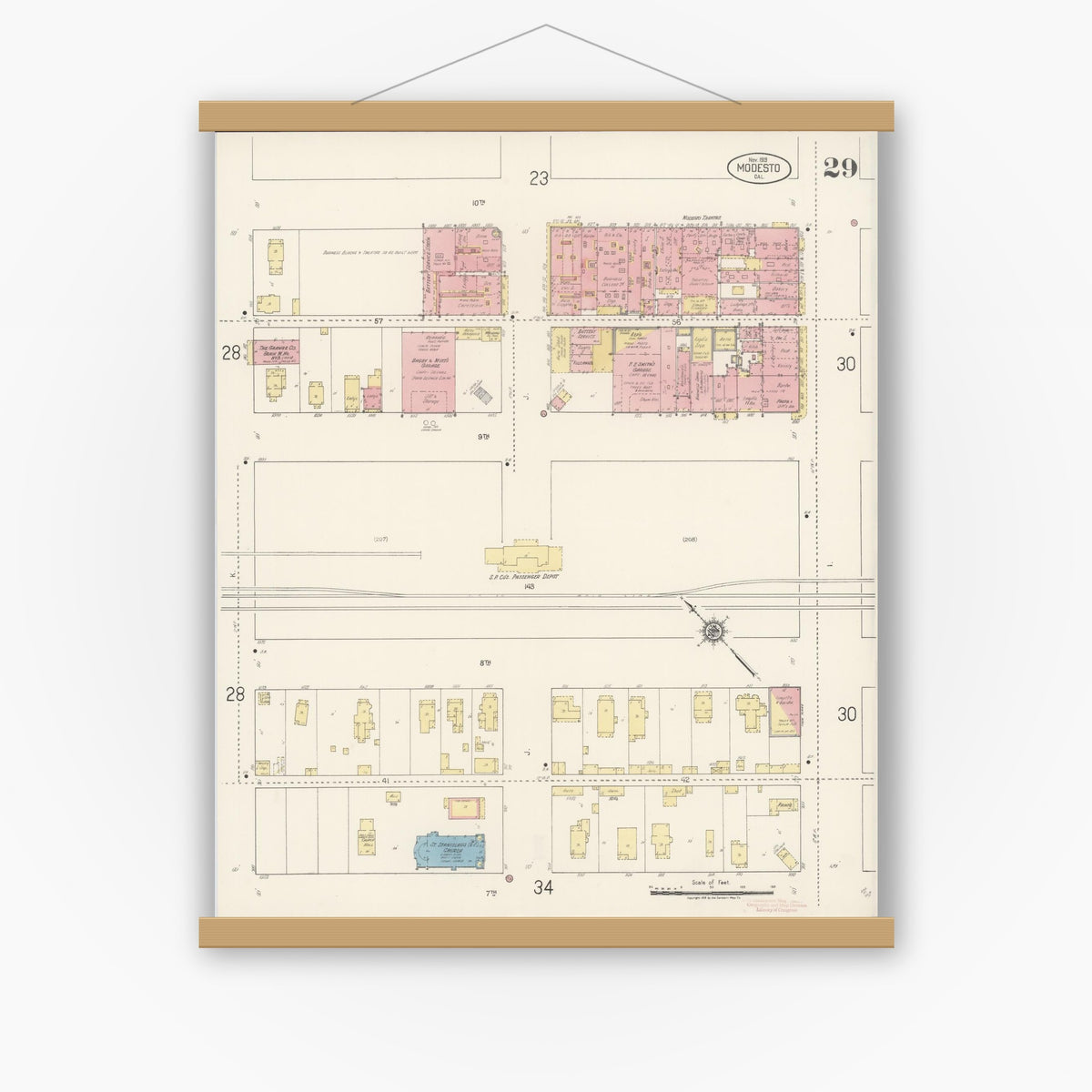 Old map wall art mockup — magnetic wood frame on white wall — Sanborn Fire Insurance Map from Modesto, Stanislaus County, California (1919), Sheet #0029