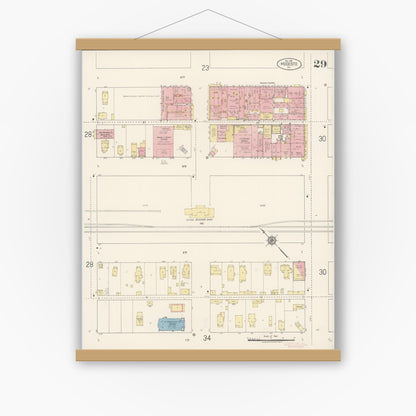 Old map wall art mockup — magnetic wood frame on white wall — Sanborn Fire Insurance Map from Modesto, Stanislaus County, California (1919), Sheet #0029