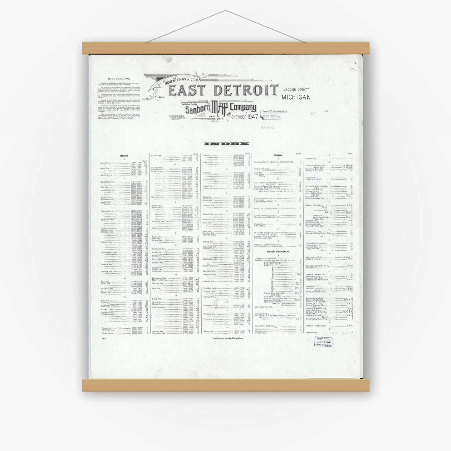 Old map wall art mockup — magnetic wood frame on white wall — Sanborn Fire Insurance Map from East Detroit, Macomb County, Michigan (1947), Sheet #0001