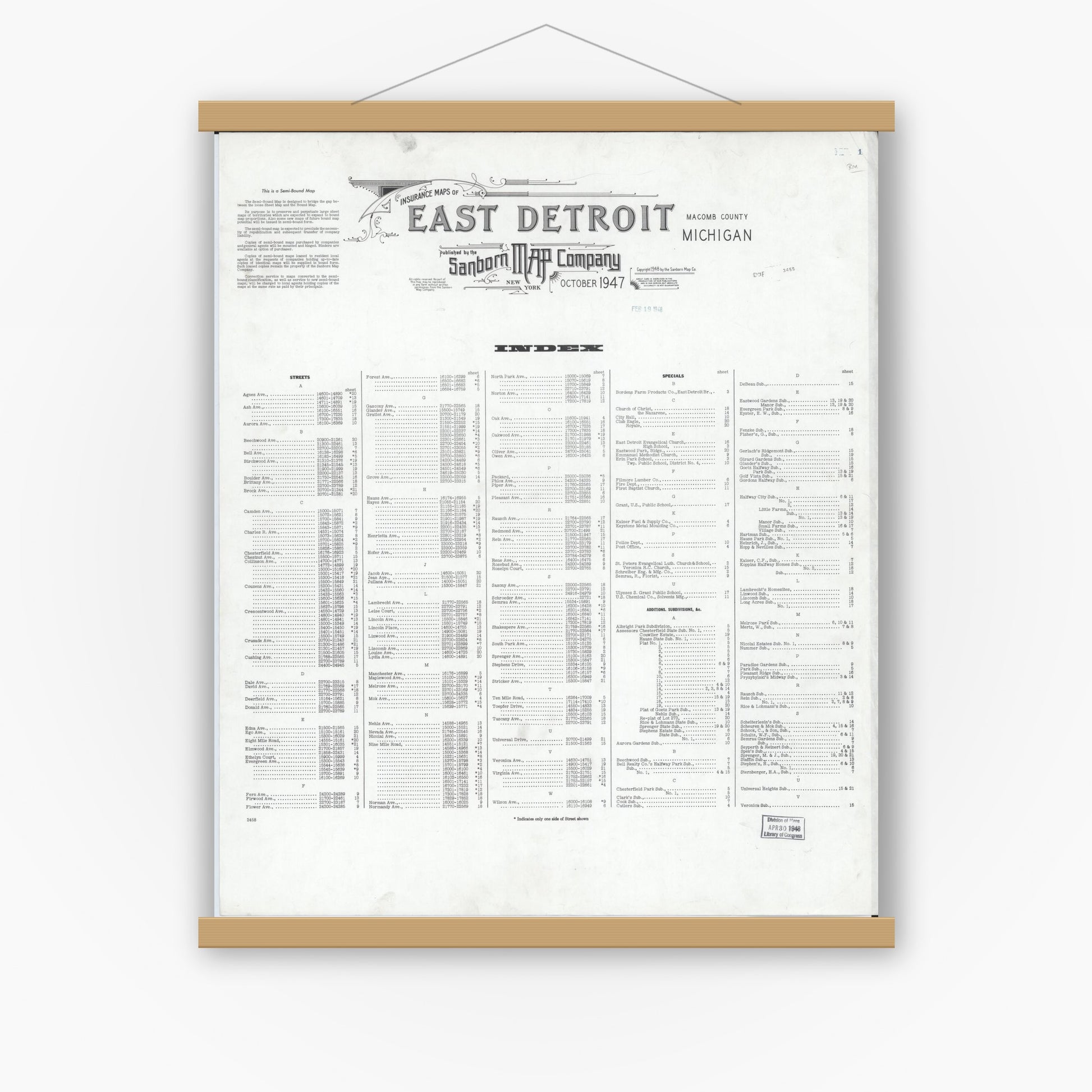 Old map wall art mockup — magnetic wood frame on white wall — Sanborn Fire Insurance Map from East Detroit, Macomb County, Michigan (1947), Sheet #0001
