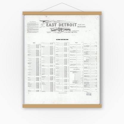 Old map wall art mockup — magnetic wood frame on white wall — Sanborn Fire Insurance Map from East Detroit, Macomb County, Michigan (1947), Sheet #0001