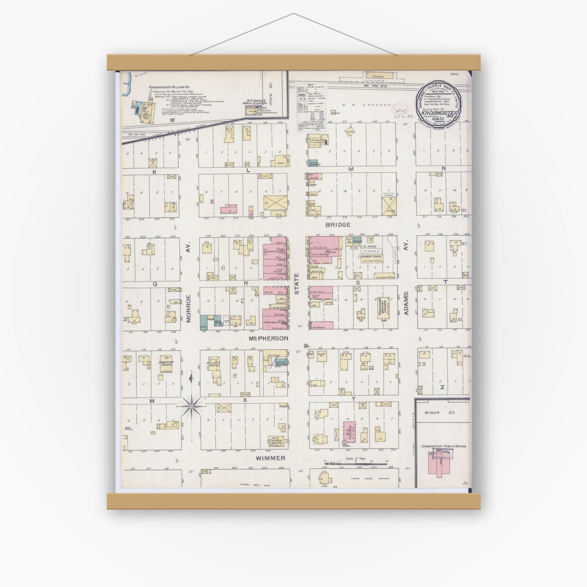 Old map wall art mockup — magnetic wood frame on white wall — Sanborn Fire Insurance Map from Knobnoster, Johnson County, Missouri (1893), Sheet #0001