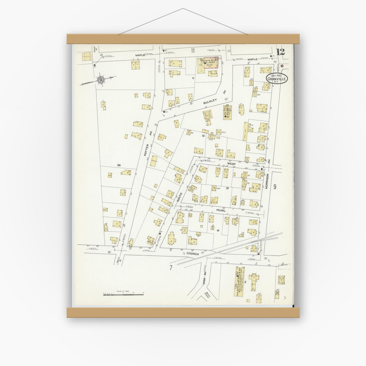 Old map wall art mockup — magnetic wood frame on white wall — Sanborn Fire Insurance Map from Granville, Washington County, New York (1912), Sheet #0012