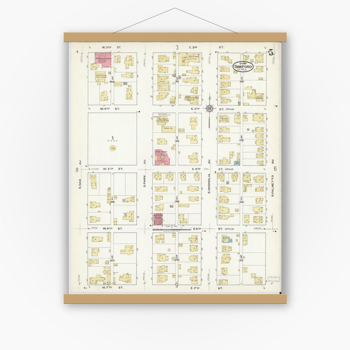 Old map wall art mockup — magnetic wood frame on white wall — Sanborn Fire Insurance Map from Sanford, Seminole County, Florida (1917), Sheet #0005
