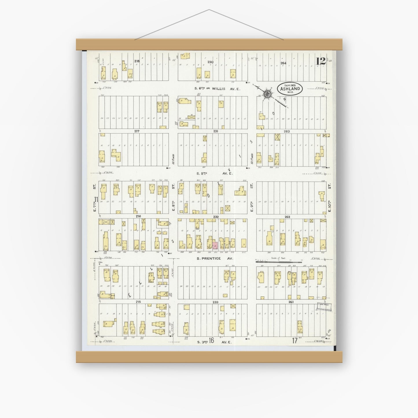 Old map wall art mockup — magnetic wood frame on white wall — Sanborn Fire Insurance Map from Ashland, Ashland County, Wisconsin (1909), Sheet #0012