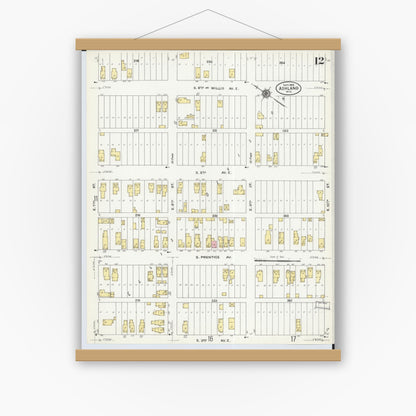 Old map wall art mockup — magnetic wood frame on white wall — Sanborn Fire Insurance Map from Ashland, Ashland County, Wisconsin (1909), Sheet #0012