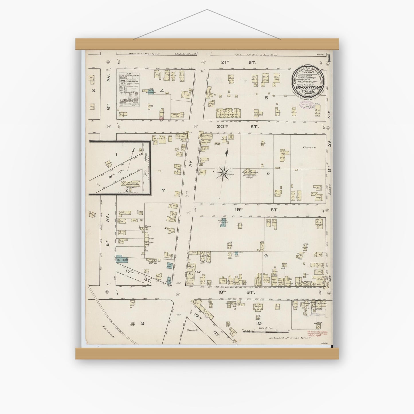 Old map wall art mockup — magnetic wood frame on white wall — Sanborn Fire Insurance Map from Whitestone, Queens County, New York (1886), Sheet #0001
