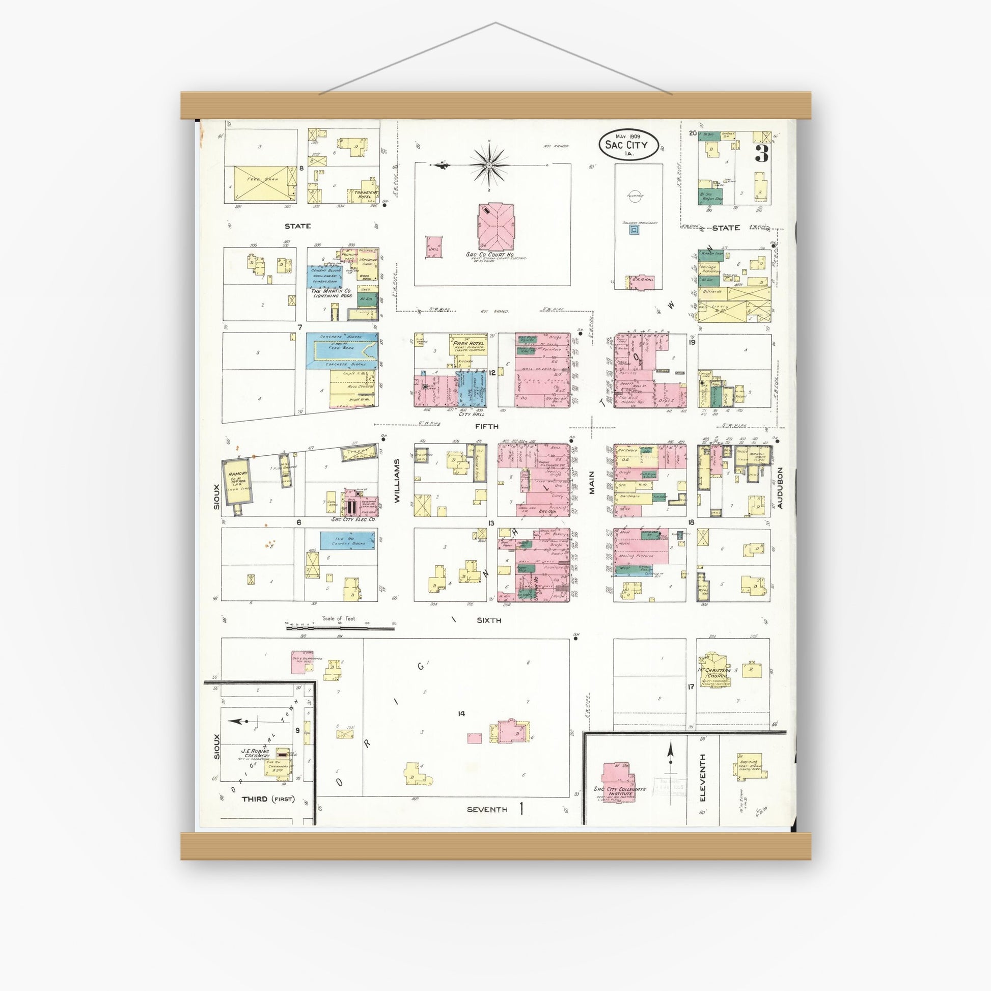 Old map wall art mockup — magnetic wood frame on white wall — Sanborn Fire Insurance Map from Sac City, Sac County, Iowa (1909), Sheet #0003