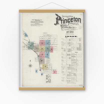 Old map wall art mockup — magnetic wood frame on white wall — Sanborn Fire Insurance Map from Princeton, Gibson County, Indiana (1895), Sheet #0001