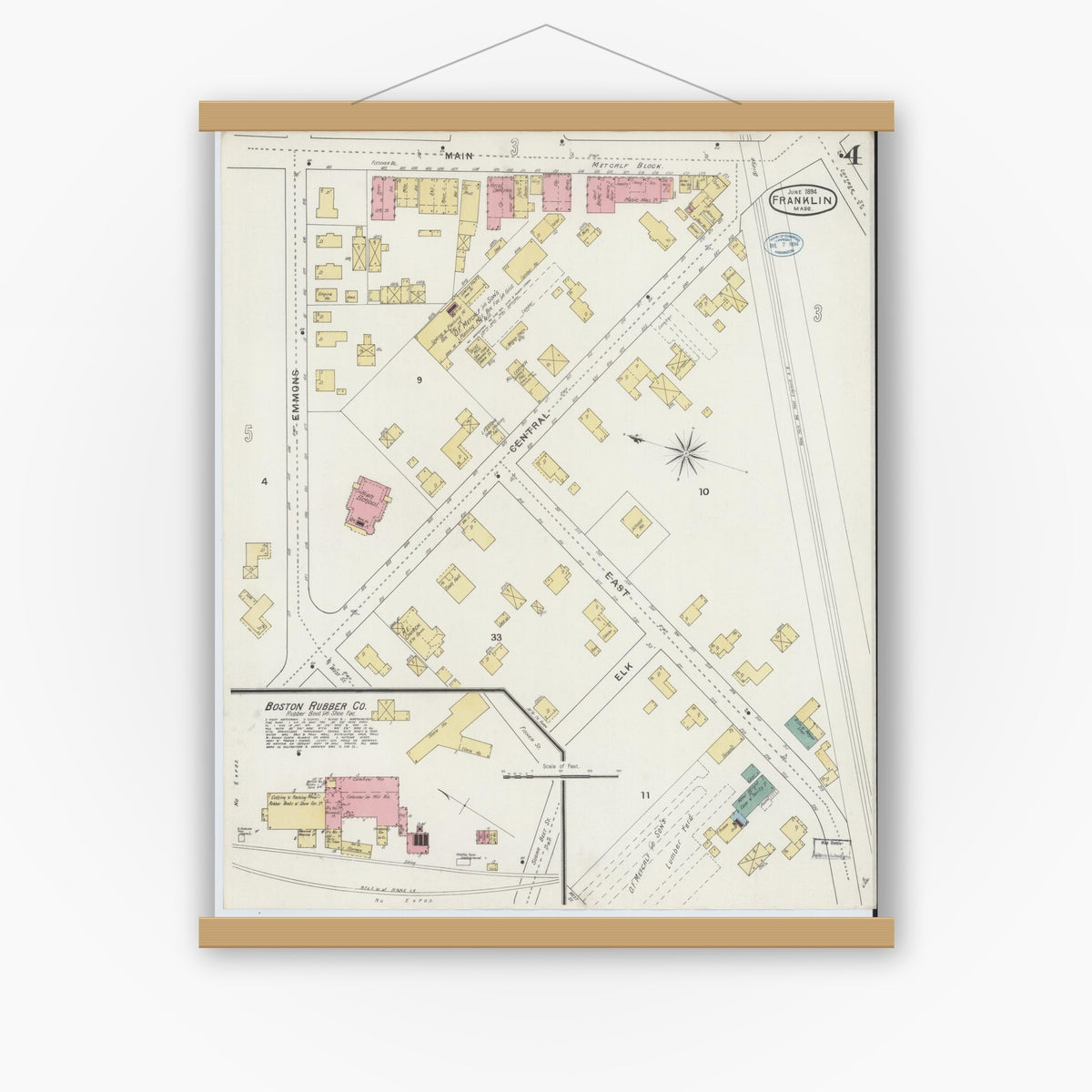 Old map wall art mockup — magnetic wood frame on white wall — Sanborn Fire Insurance Map from Franklin, Norfolk County, Massachusetts (1894), Sheet #0004