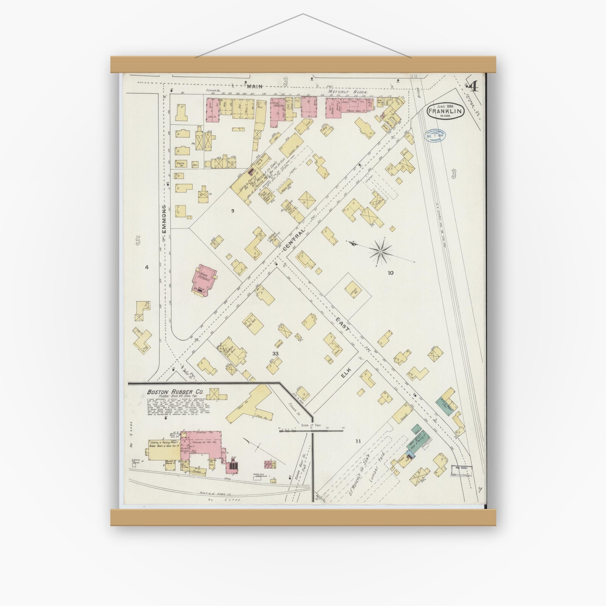 Old map wall art mockup — magnetic wood frame on white wall — Sanborn Fire Insurance Map from Franklin, Norfolk County, Massachusetts (1894), Sheet #0004