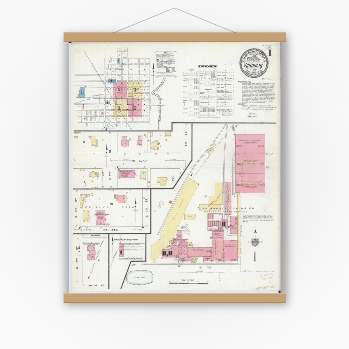 Old map wall art mockup — magnetic wood frame on white wall — Sanborn Fire Insurance Map from Vandalia, Fayette County, Illinois (1912) - Complete Map Set