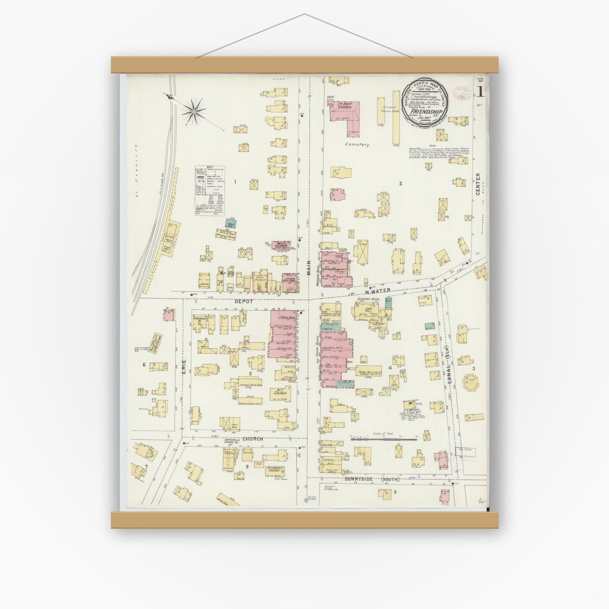 Old map wall art mockup — magnetic wood frame on white wall — Sanborn Fire Insurance Map from Friendship, Allegany County, New York (1897) - Complete Map Set
