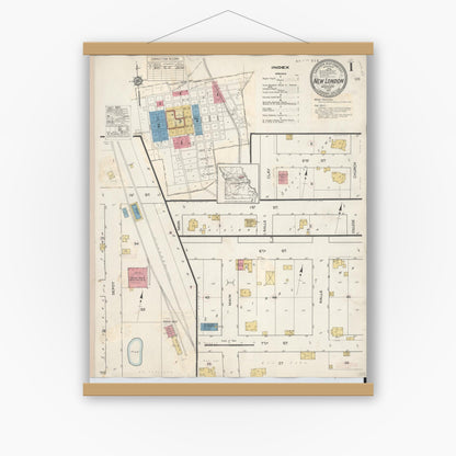 Old map wall art mockup — magnetic wood frame on white wall — Sanborn Fire Insurance Map from New London, Ralls County, Missouri (1937), Sheet #0001