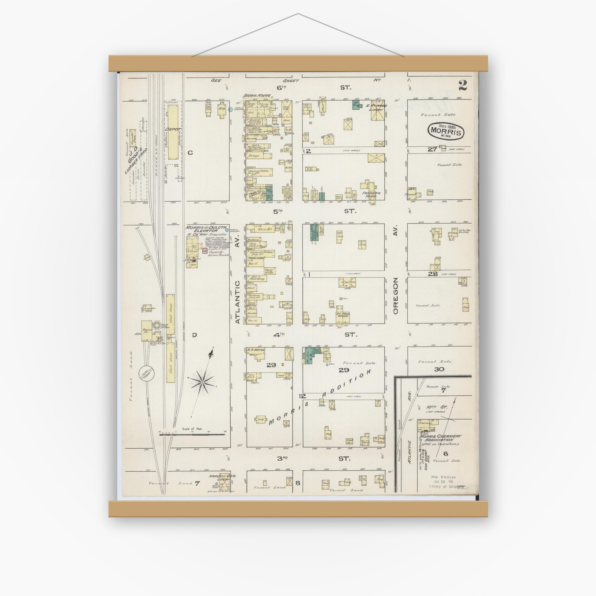 Old map wall art mockup — magnetic wood frame on white wall — Sanborn Fire Insurance Map from Morris, Stevens County, Minnesota (1885), Sheet #0002