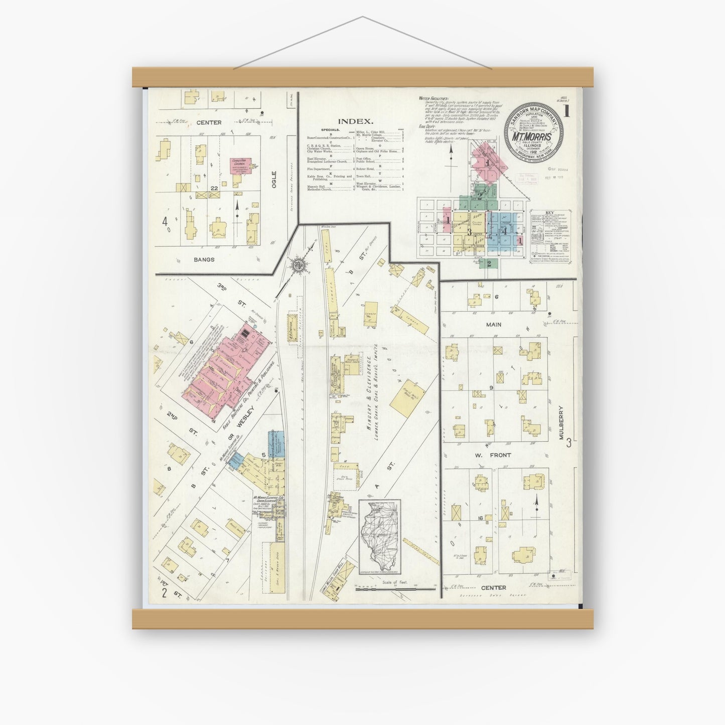 Old map wall art mockup — magnetic wood frame on white wall — Sanborn Fire Insurance Map from Mount Morris, Ogle County, Illinois (1912), Sheet #0001