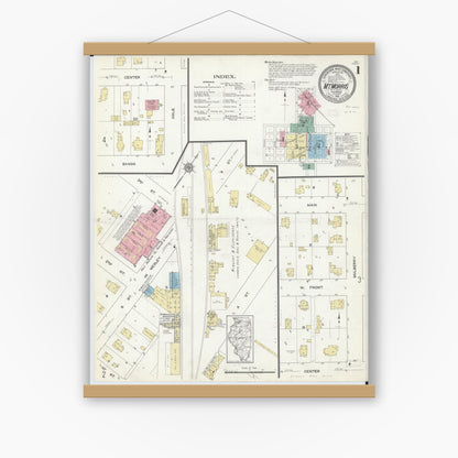 Old map wall art mockup — magnetic wood frame on white wall — Sanborn Fire Insurance Map from Mount Morris, Ogle County, Illinois (1912), Sheet #0001