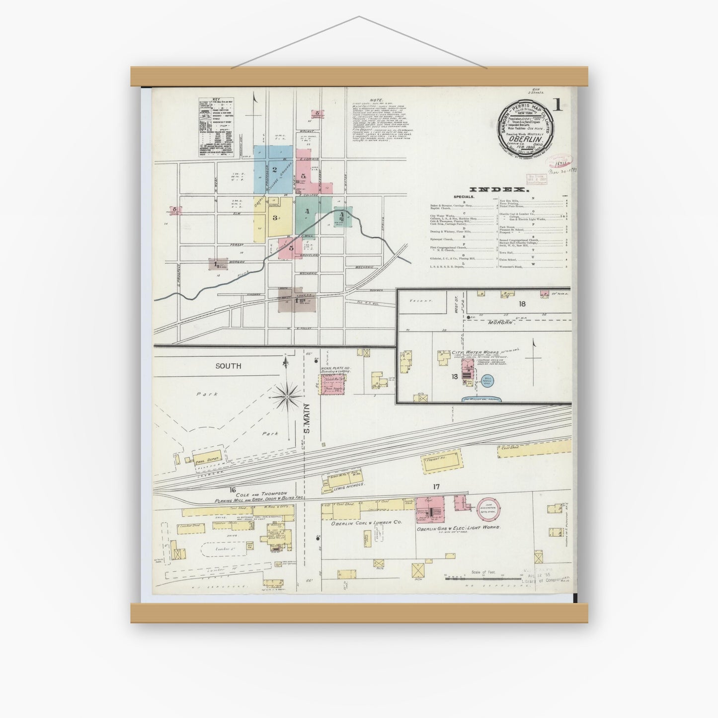 Old map wall art mockup — magnetic wood frame on white wall — Sanborn Fire Insurance Map from Oberlin, Lorain County, Ohio (1893) - Complete Map Set