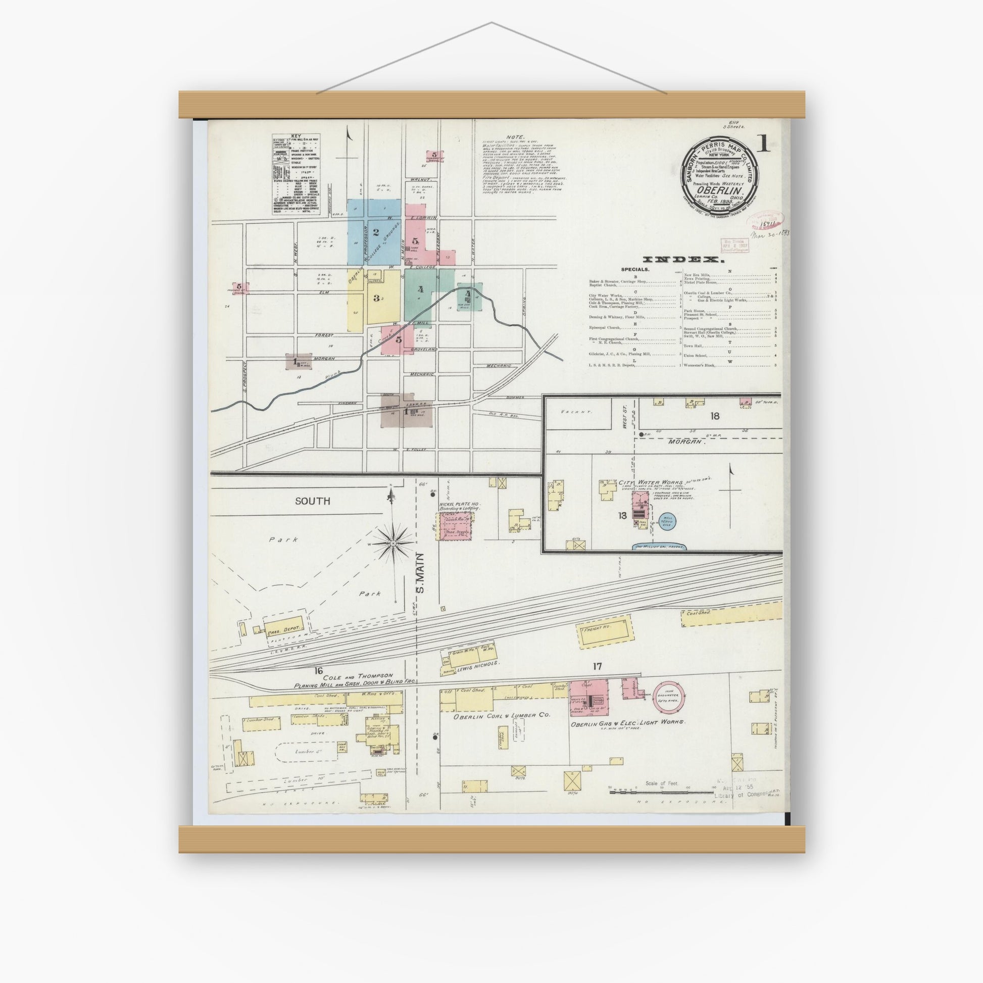 Old map wall art mockup — magnetic wood frame on white wall — Sanborn Fire Insurance Map from Oberlin, Lorain County, Ohio (1893) - Complete Map Set