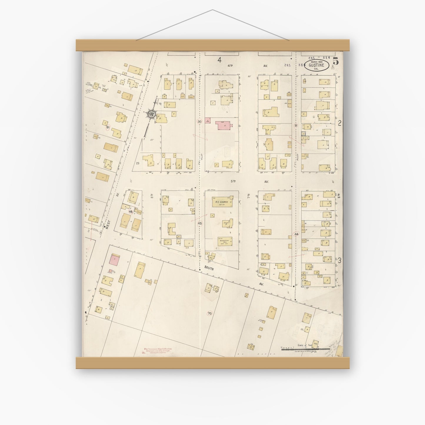 Old map wall art mockup — magnetic wood frame on white wall — Sanborn Fire Insurance Map from Gustine, Merced County, California (1920), Sheet #0005