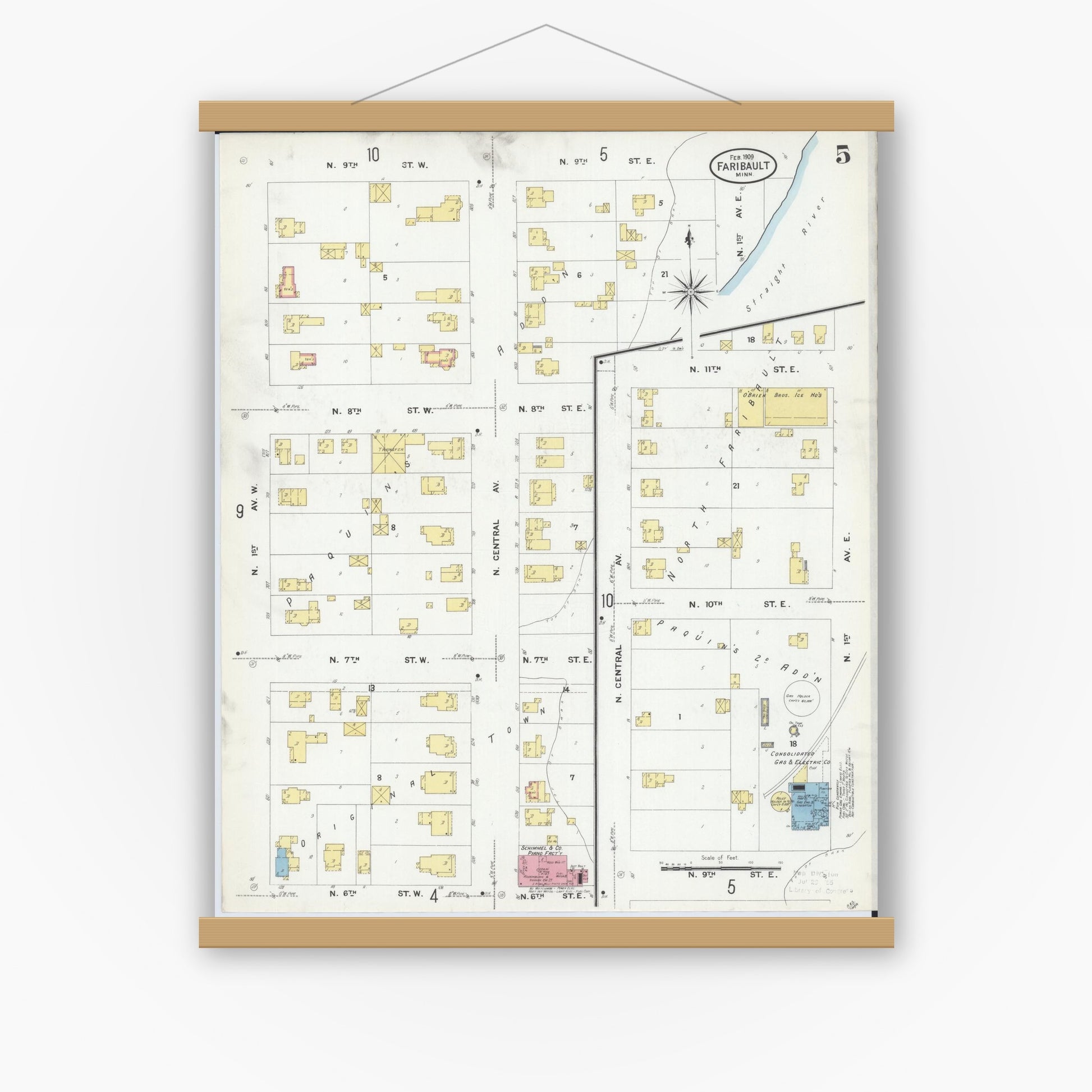 Old map wall art mockup — magnetic wood frame on white wall — Sanborn Fire Insurance Map from Faribault, Rice County, Minnesota (1909), Sheet #0005