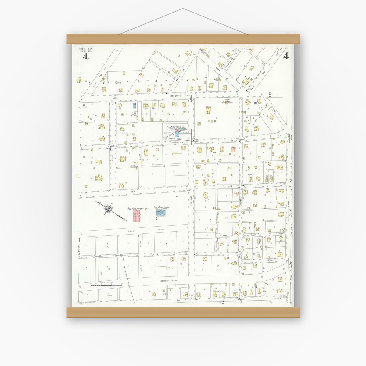 Old map wall art mockup — magnetic wood frame on white wall — Sanborn Fire Insurance Map from Hico, Hamilton County, Texas (1934), Sheet #0004