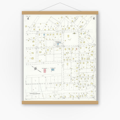 Old map wall art mockup — magnetic wood frame on white wall — Sanborn Fire Insurance Map from Hico, Hamilton County, Texas (1934), Sheet #0004