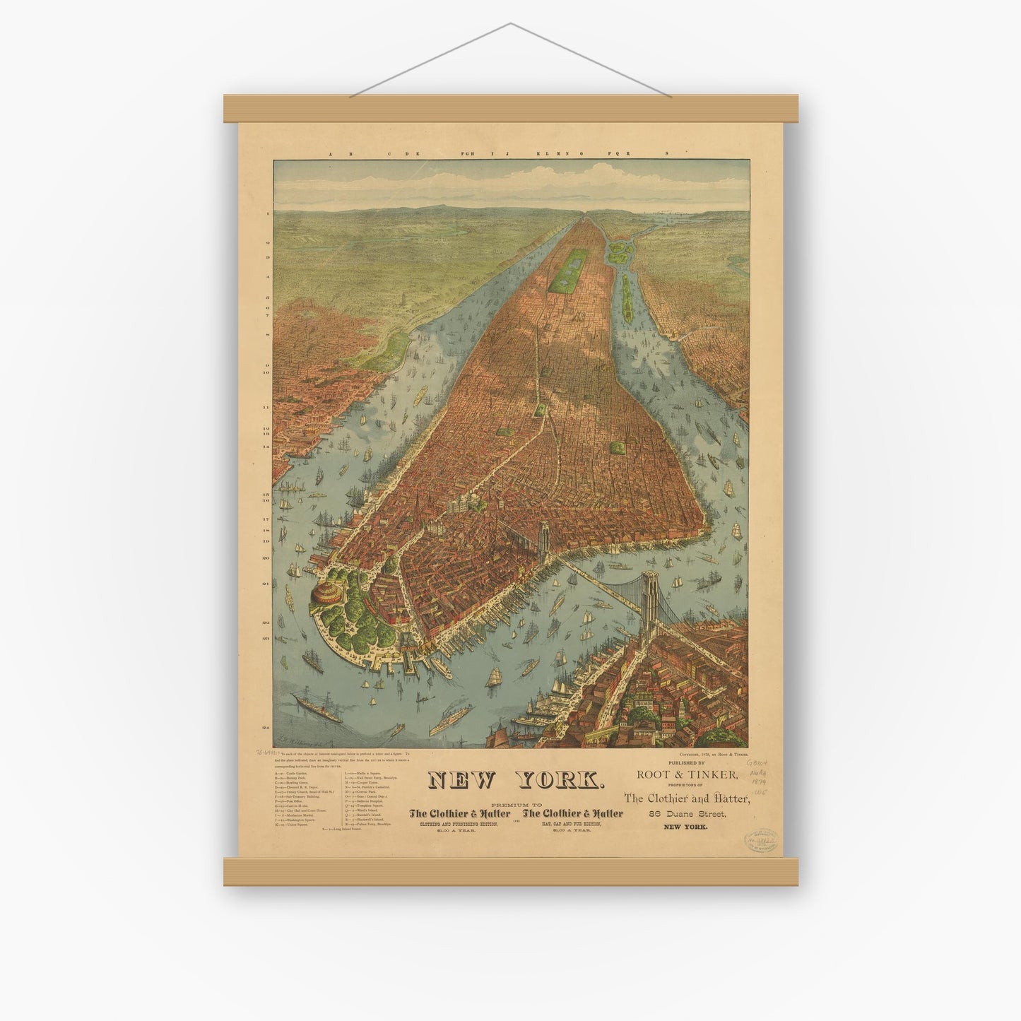 Old map wall art mockup — magnetic wood frame on white wall — New York. (1879)