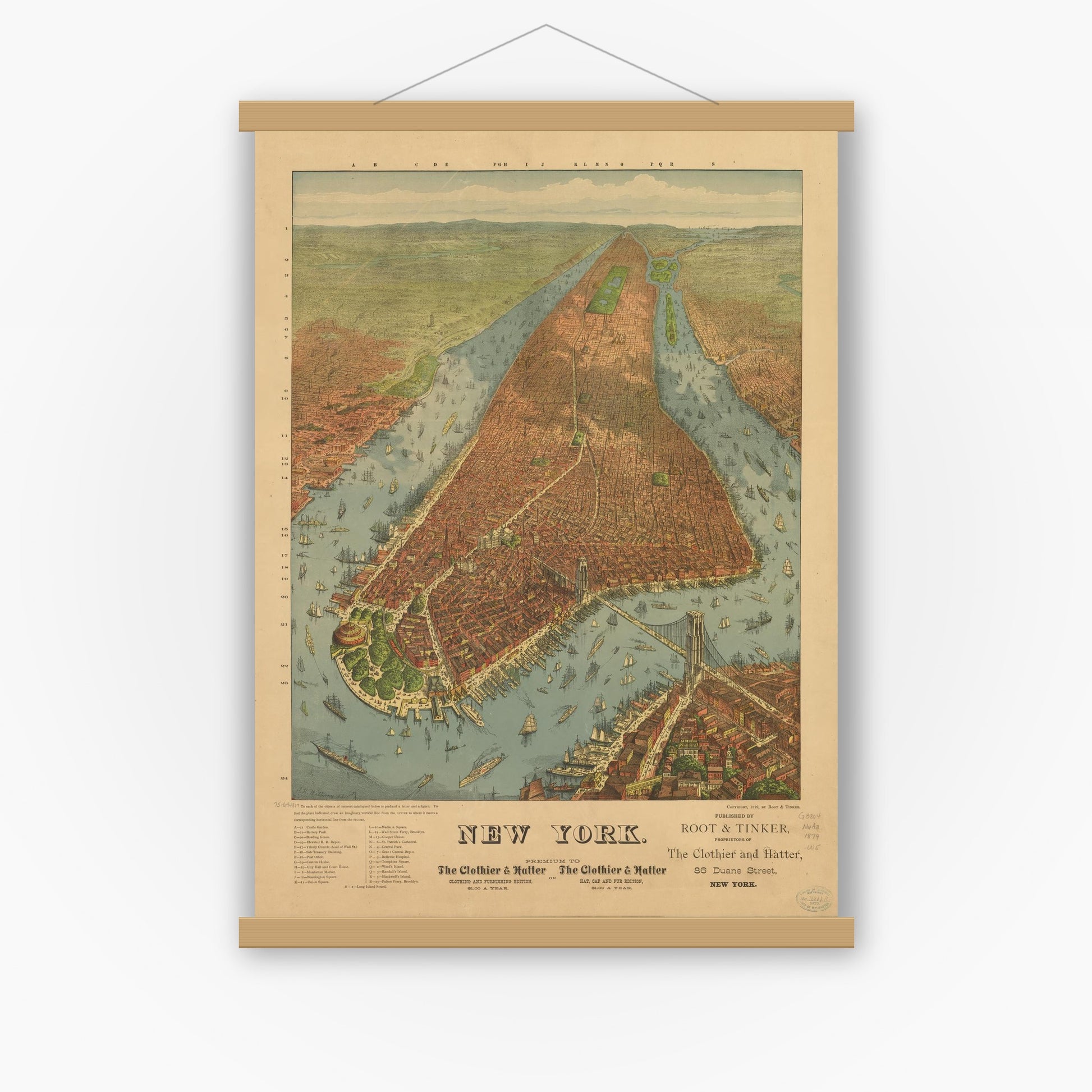 Old map wall art mockup — magnetic wood frame on white wall — New York. (1879)