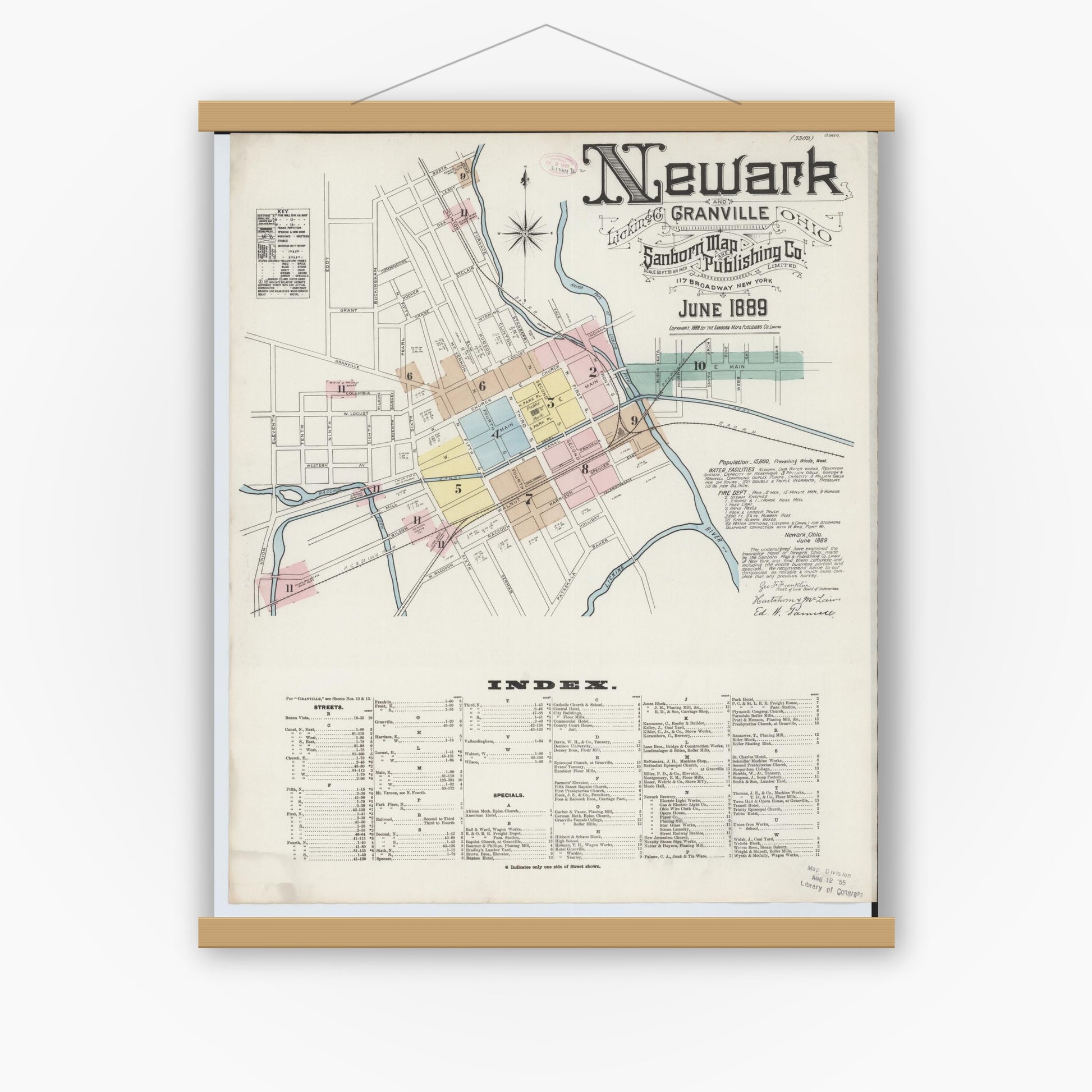 Old map wall art mockup — magnetic wood frame on white wall — Sanborn Fire Insurance Map from Newark, Licking County, Ohio (1889), Sheet #0001