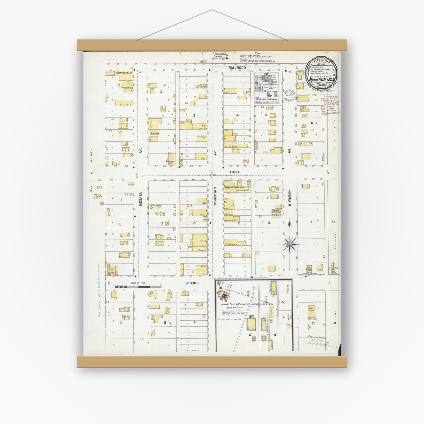 Old map wall art mockup — magnetic wood frame on white wall — Sanborn Fire Insurance Map from Mountain Iron, Saint Louis County, Minnesota (1900), Sheet #0001